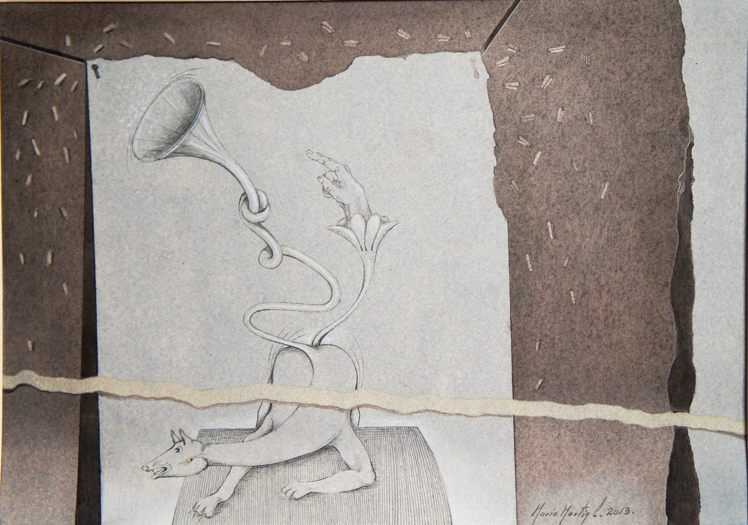 Mario Martin del Campo, Perro con trompeta Mixta / papel  29 x 39  cm.  2013 